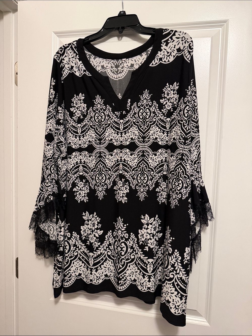 Black & White Lace-Trimmed V-Neck Women's Top